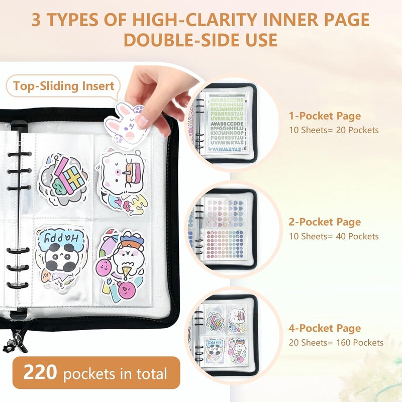 NOCAFI Sticker Organizer Binder Storage Book A5 Reusable Sticker Book Collecting Holder Display Album with 220 Pockets and Zipper Closure (Black) - Image 3